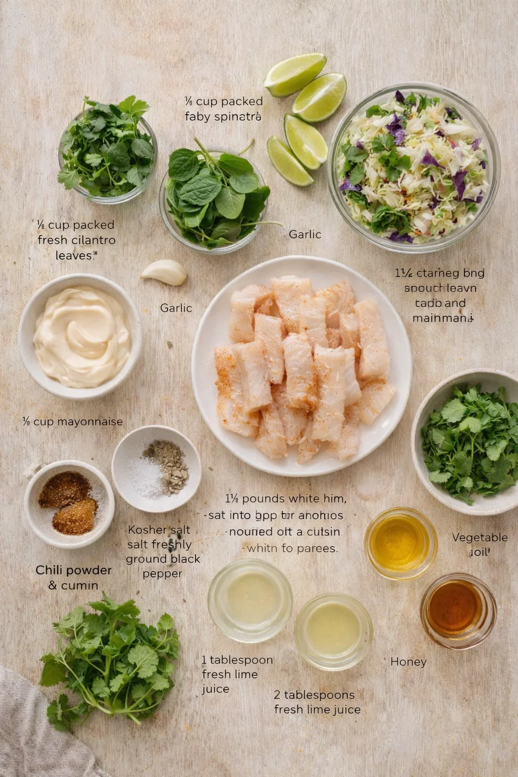 top-down view of a wooden board featuring a plate of fish and labeled bowls of herbs, lime, mayo, and spices