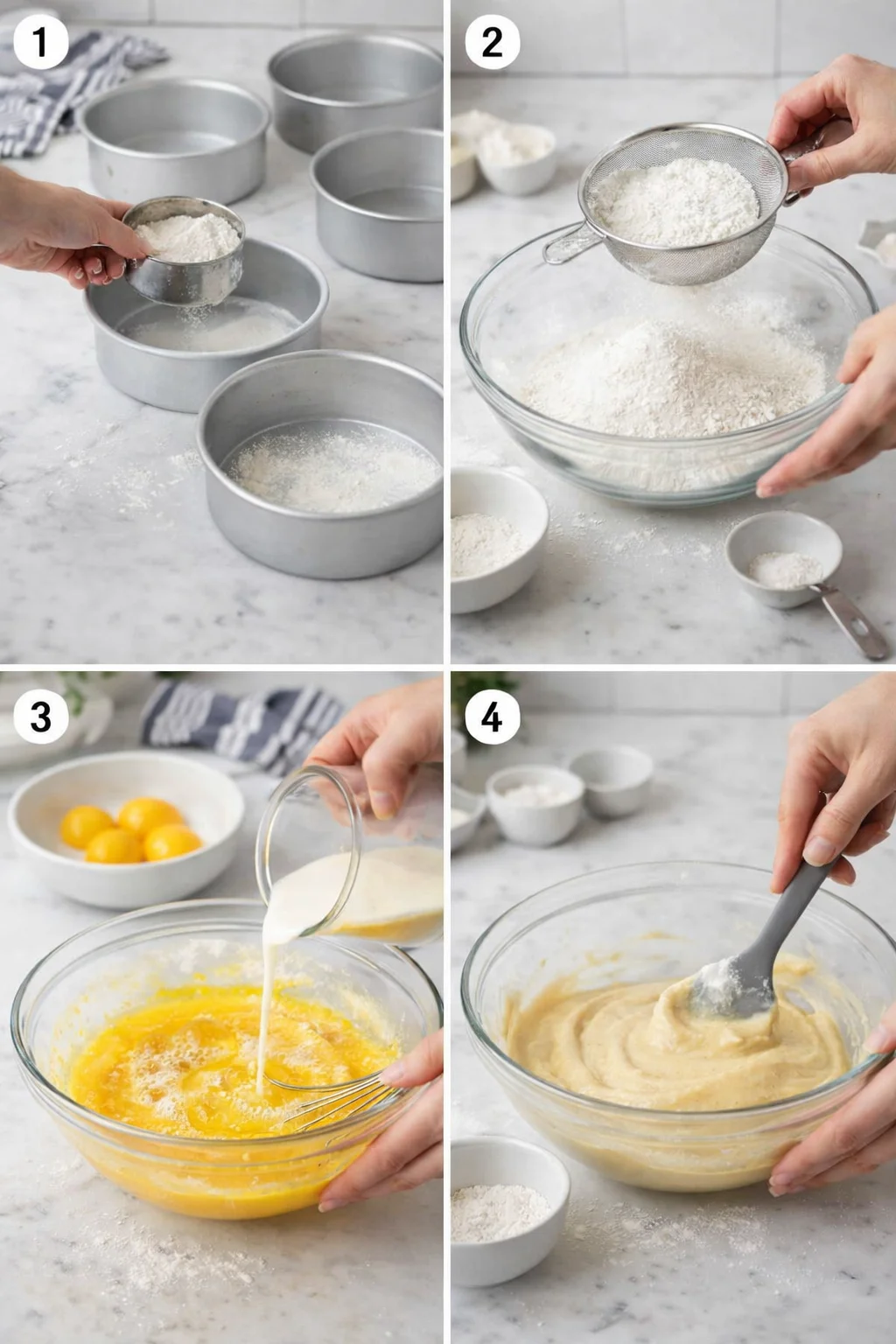 Four-panel collage showing flour measuring, sifting, pouring eggs and milk, and mixing batter.