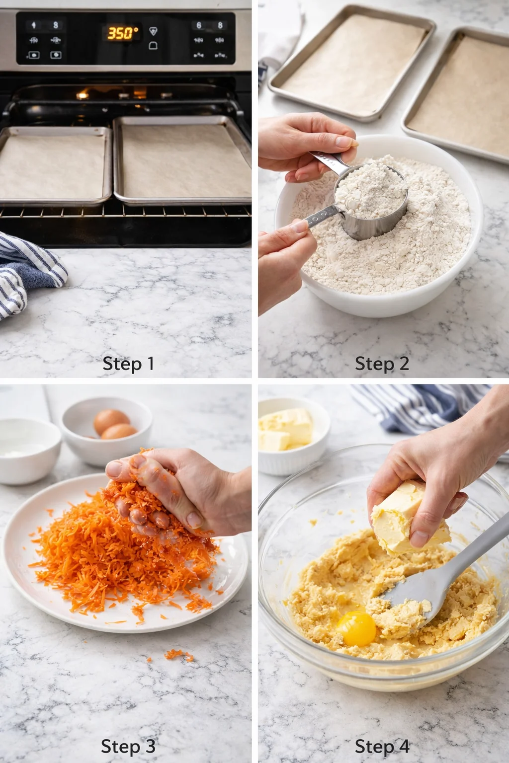collage of four baking steps: empty trays in oven, scoop of flour, grated carrot on plate, mixing butter and eggs.