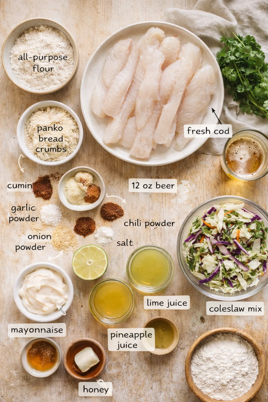 Top-down view of cod fillets with flour, breadcrumbs, spices, lime, and coleslaw.