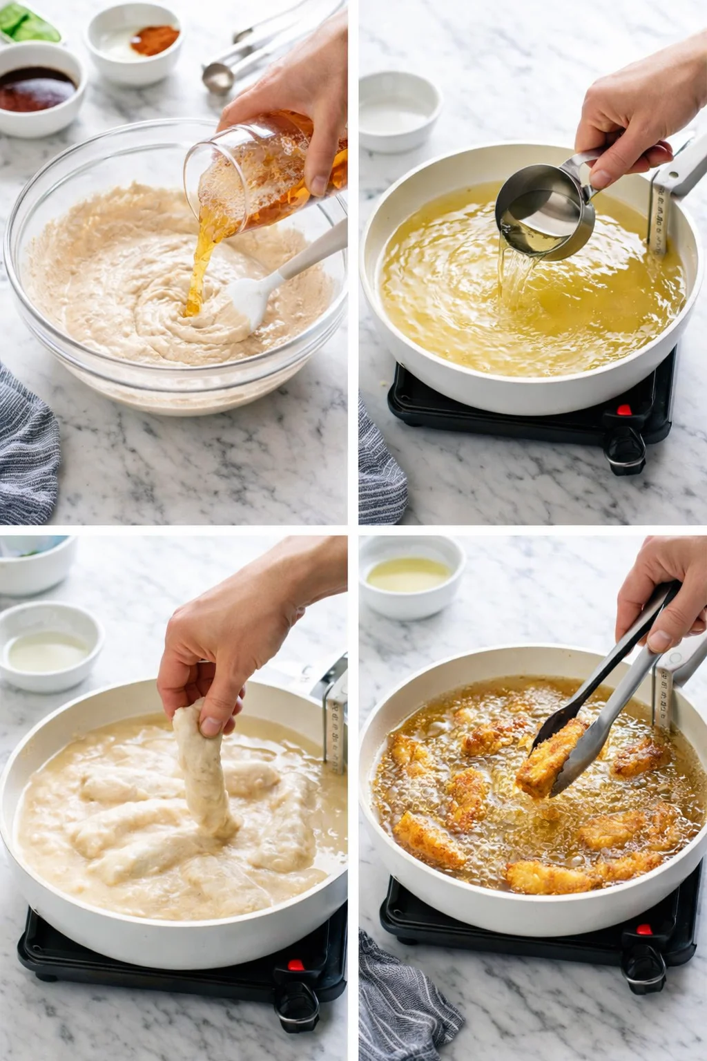 Collage showing batter mixing, liquid being added, and chicken bites frying in oil.