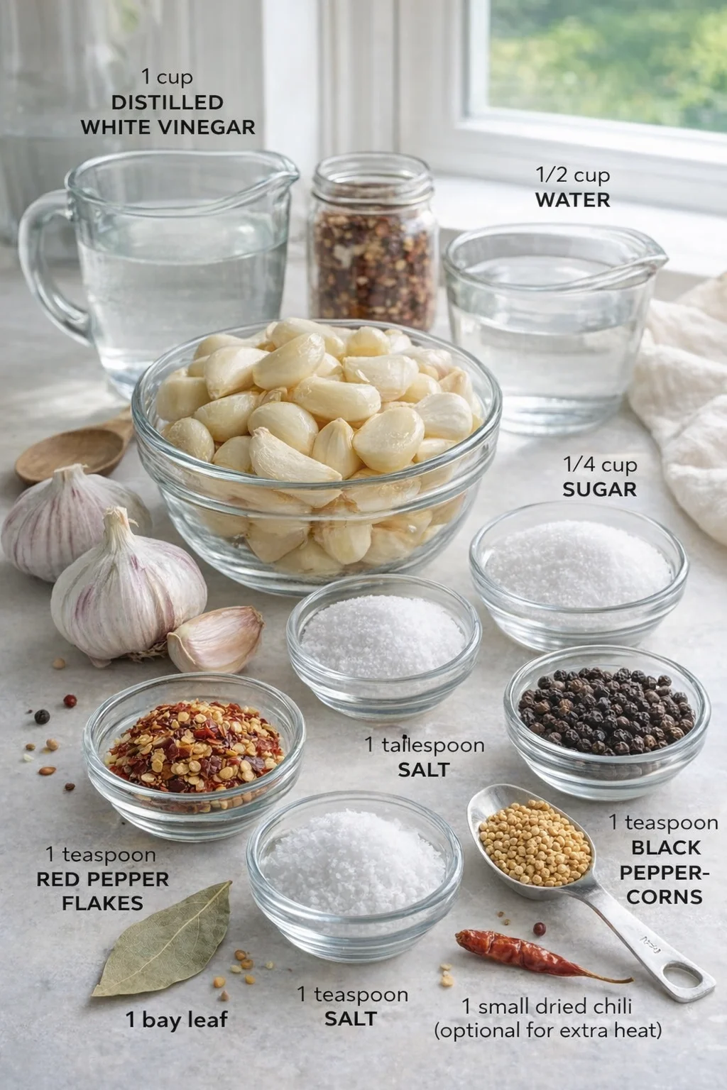 Garlic cloves in a glass bowl surrounded by labeled bowls of vinegar, water, sugar, salt, and spices.