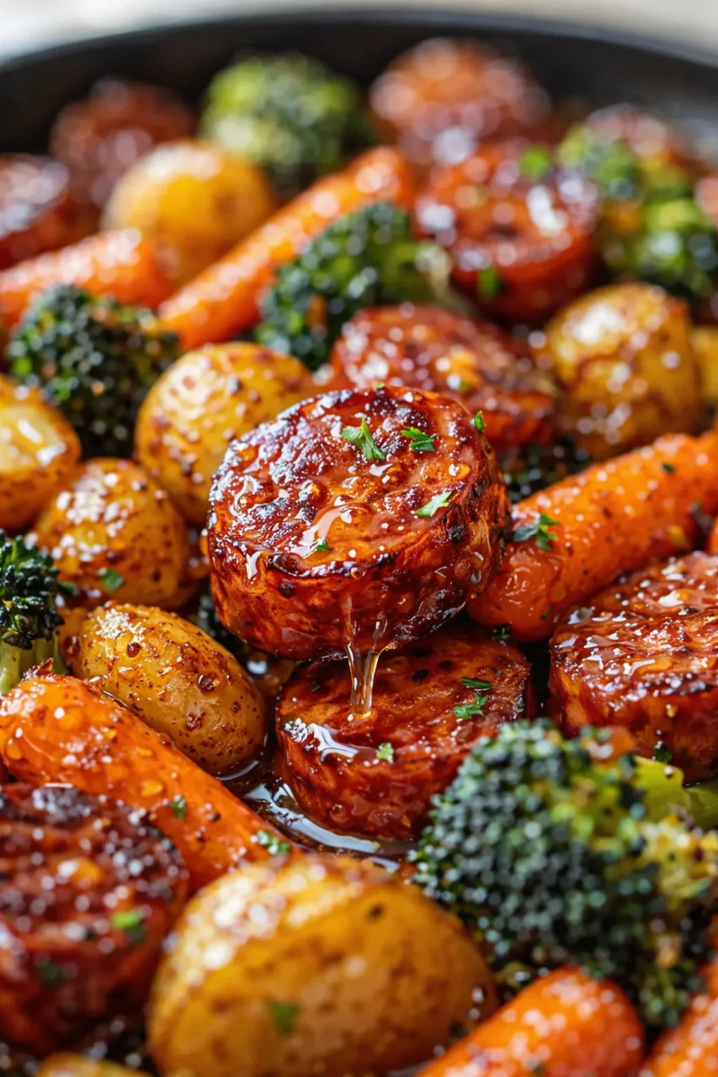 Close-up of glazed roasted potatoes, carrots, and broccoli florets in a pan