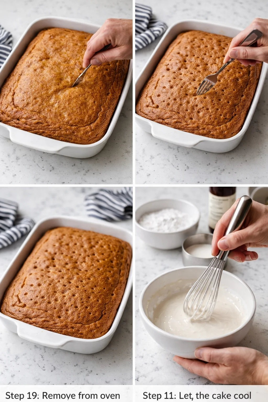 collage of four-step cake-prep images: pricking holes, dotted surface, baked cake, whisking batter