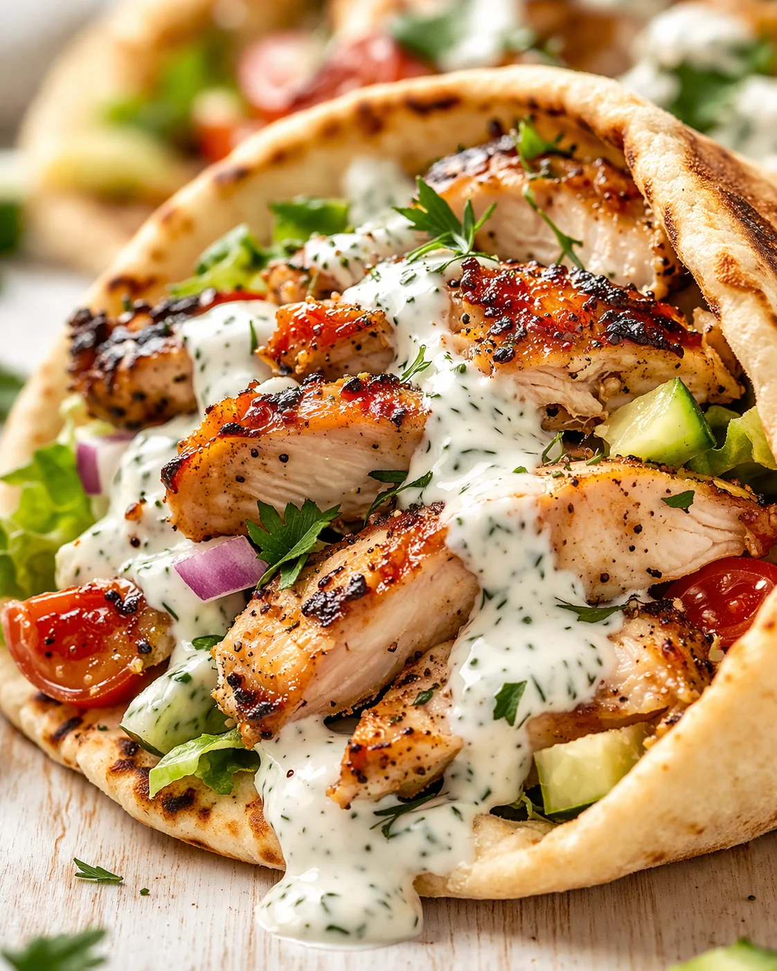 Grilled chicken pieces stuffed in a warm pita with creamy herb sauce, tomatoes, cucumbers, and greens.