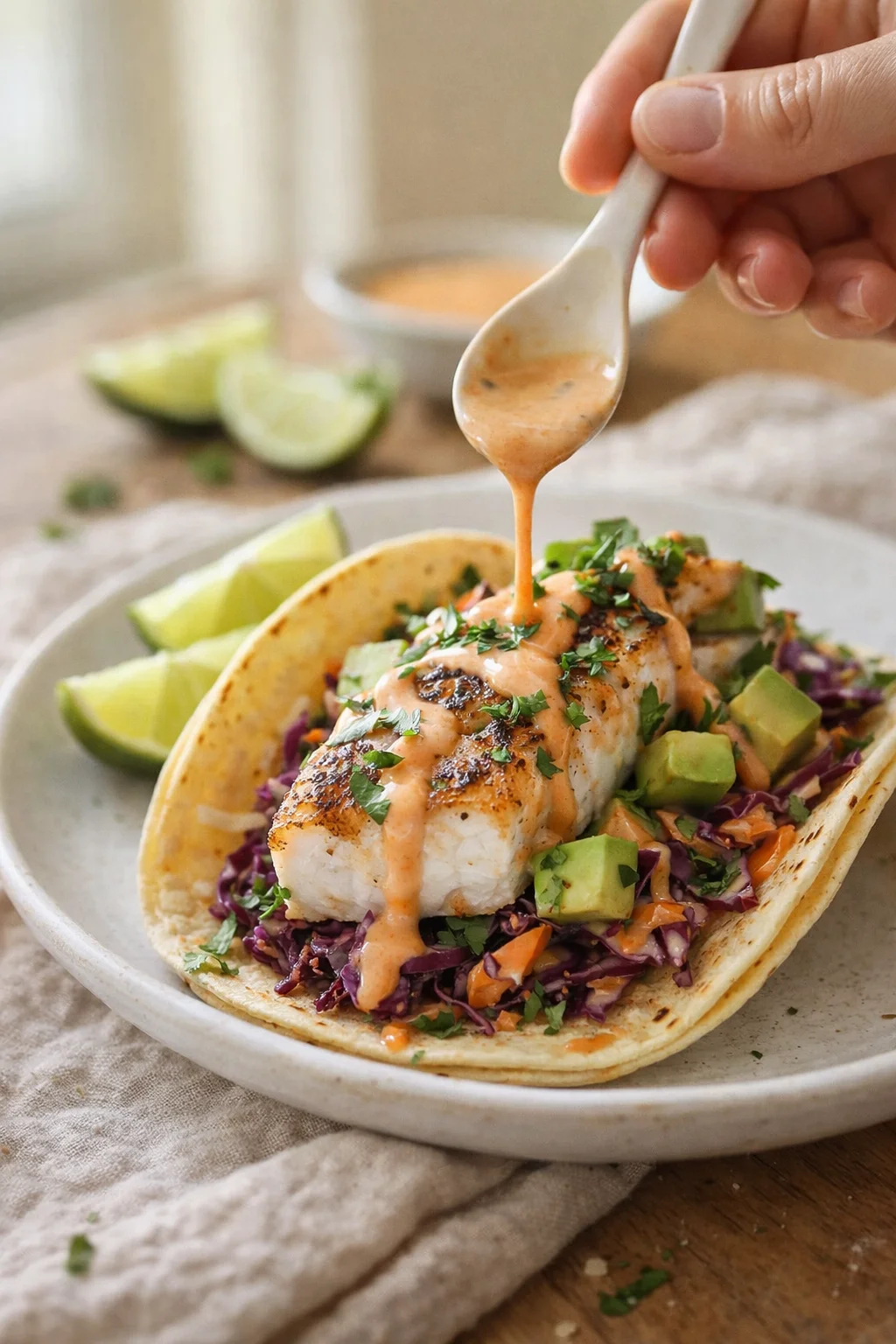 Plated fish taco on warm tortilla with avocado cubes, purple cabbage slaw, and orange sauce.