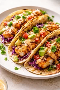 three grilled fish tacos topped with avocado, tomato, cabbage slaw, and cilantro on a white plate.