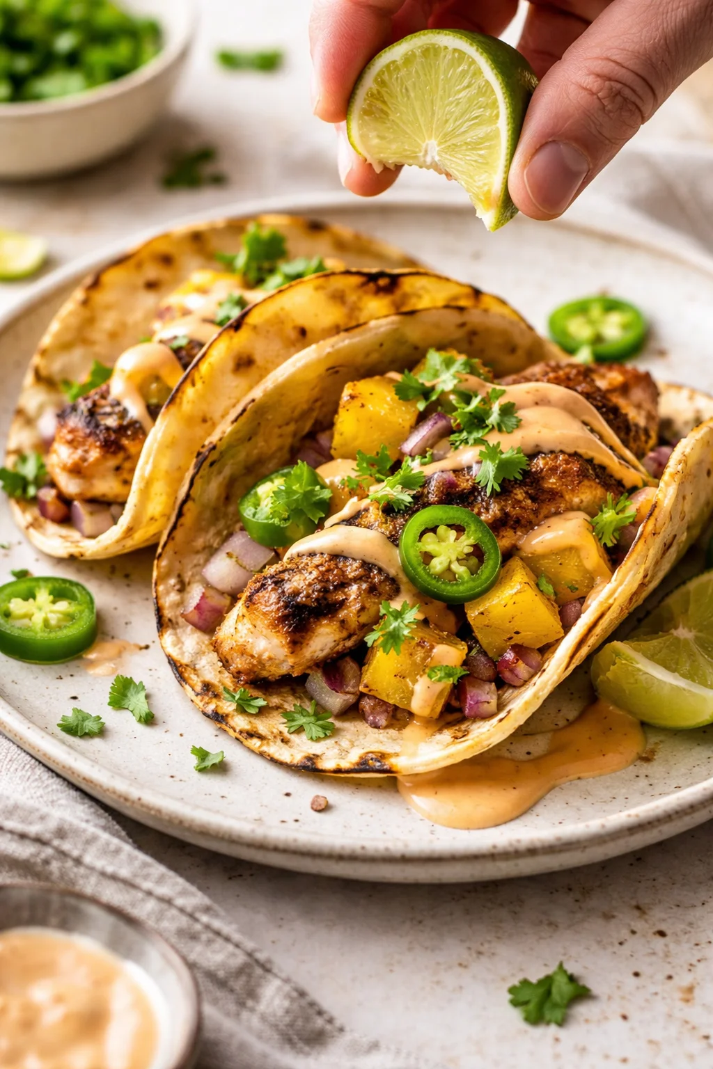 Three grilled fish tacos topped with pineapple, onion, cilantro, and jalapeño on a beige plate with lime wedge