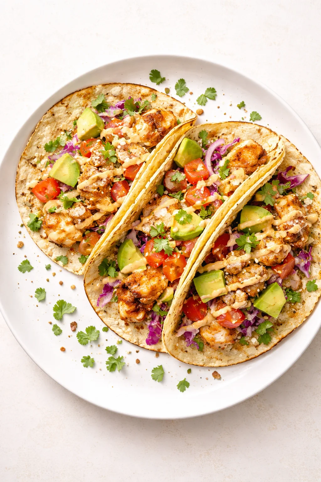 Two tortillas filled with grilled shrimp, avocado, tomato, and slaw on a white plate.