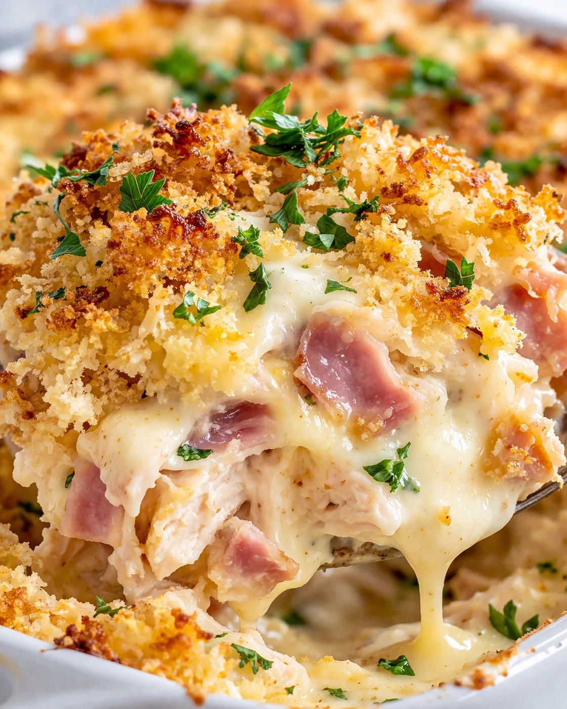 Close-up of a baked ham and cheese pot pie with a crunchy breadcrumb topping and chopped parsley.