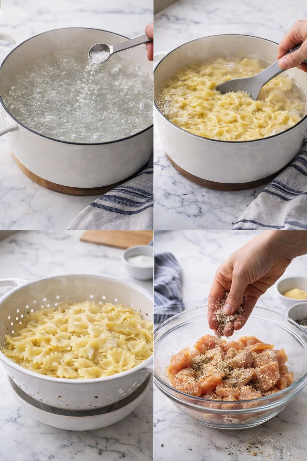 Collage of pasta-making steps: boiling water, cooking farfalle, draining, and breaded chicken pieces.