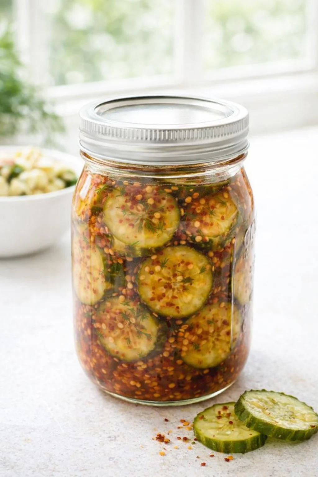 Glass mason jar of cucumber slices in brine with dill, mustard seeds, and red pepper flakes on a bright counter.