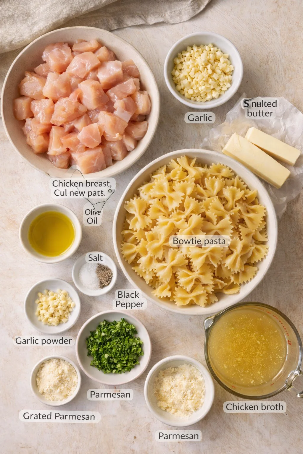 Overhead view of chicken pieces, bow-tie pasta, garlic, butter, and other ingredients arranged on a light wood board.