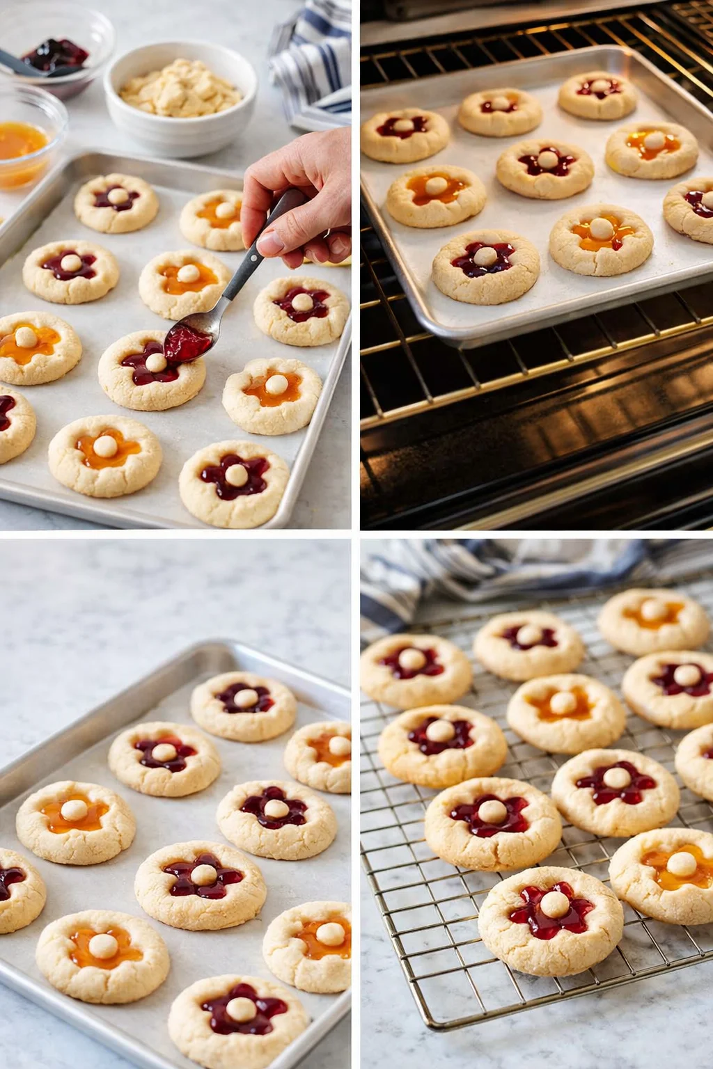 collage of thumbprint cookies with jam centers on baking trays and a cooling rack