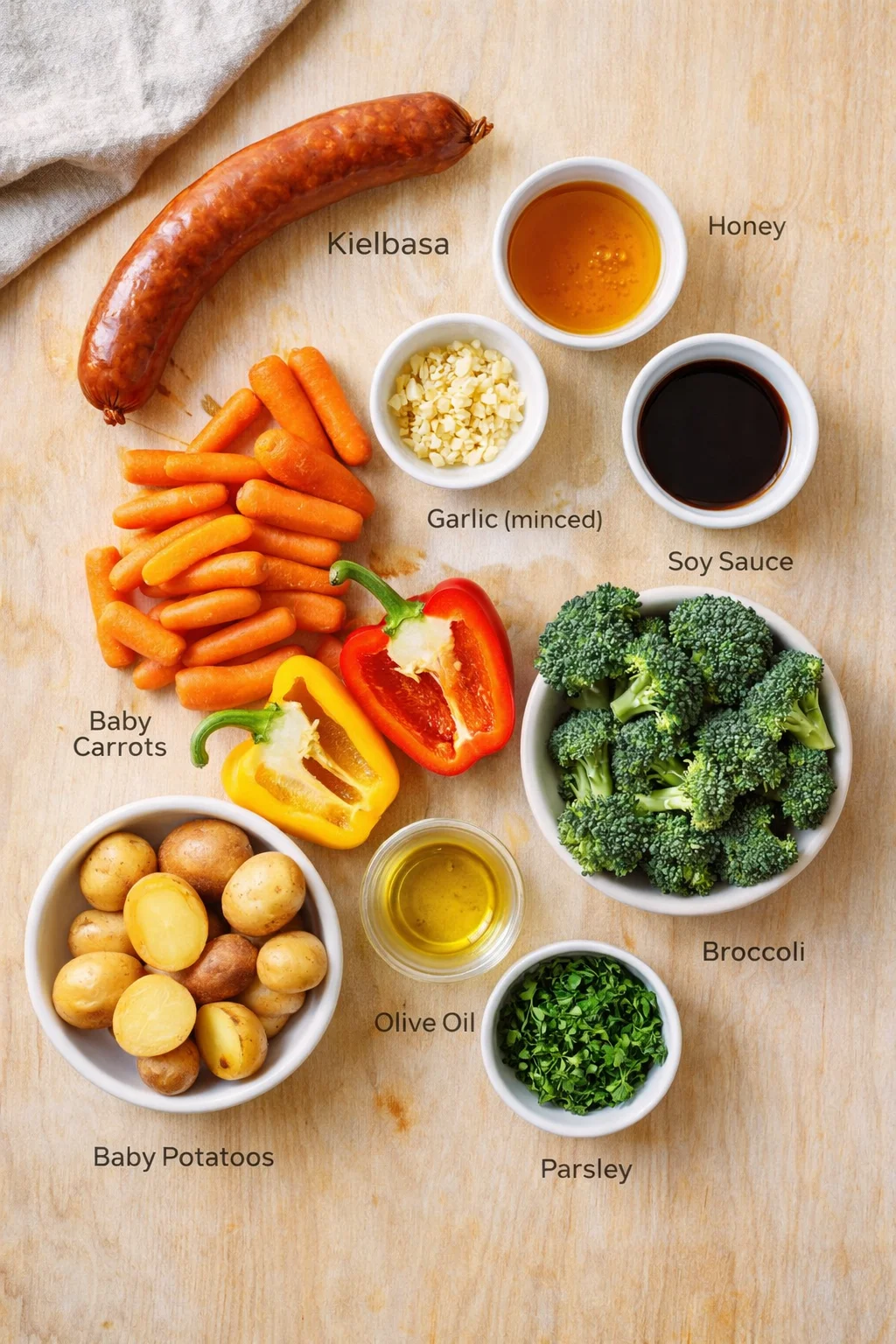 Overhead shot of kielbasa, vegetables, and sauces arranged on a wooden board for a recipe