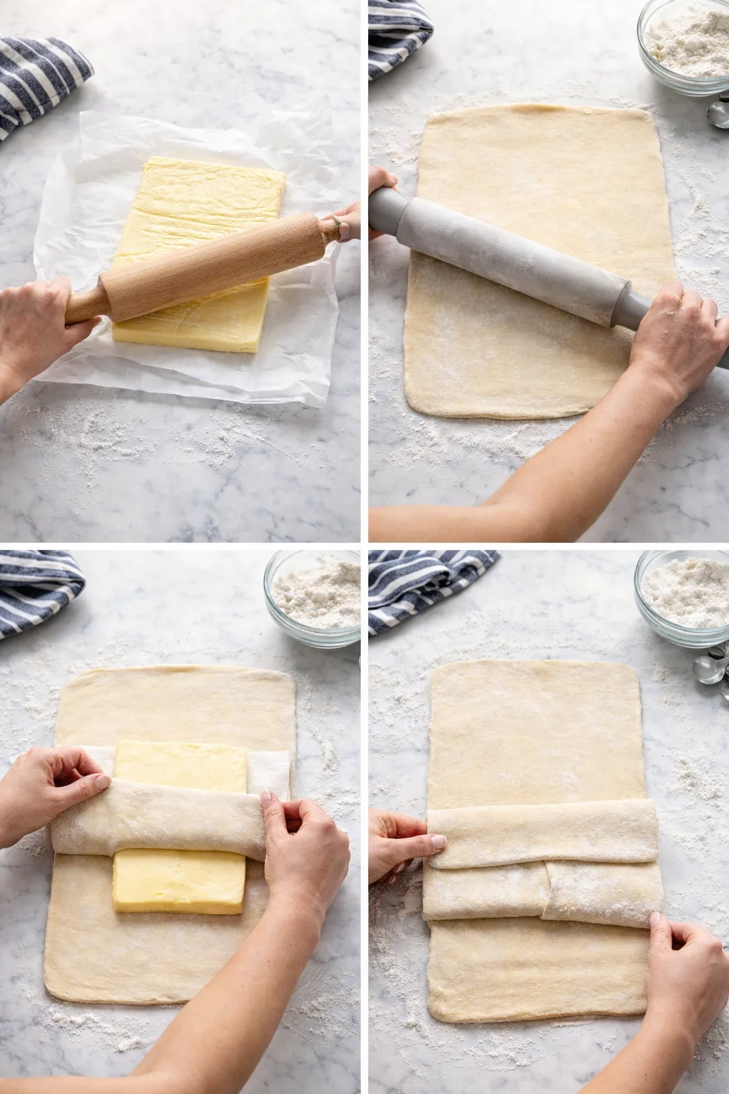 four-panel collage showing buttered dough being rolled and folded on a floured surface
