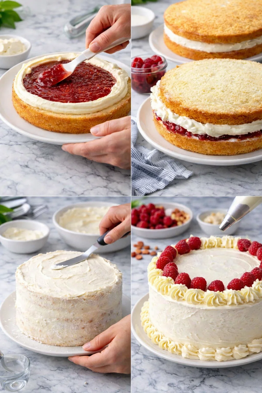 Four-panel collage showing decorating steps for a layered cake with jam, cream, and raspberries