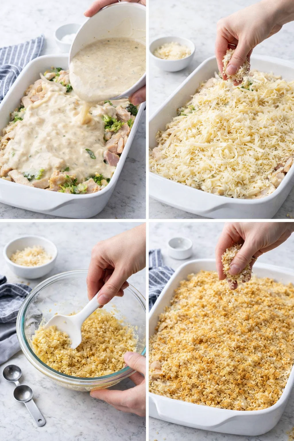 collage of four shots showing sauce pouring, cheese topping, crumb mixture, and crust forming on a casserole
