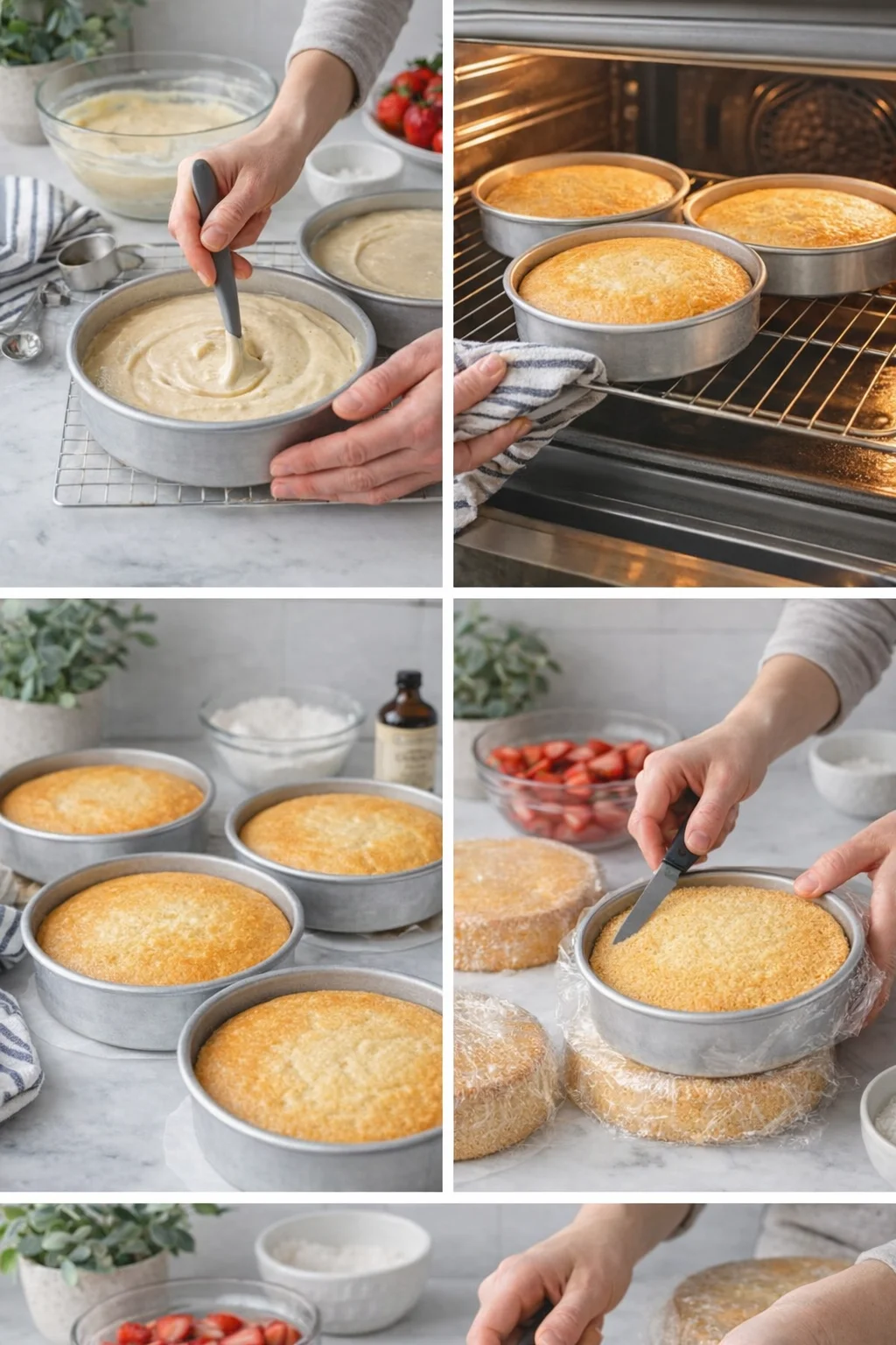 collage showing batter being spread, sponge cakes baking, cooling, and trimming in a bright kitchen