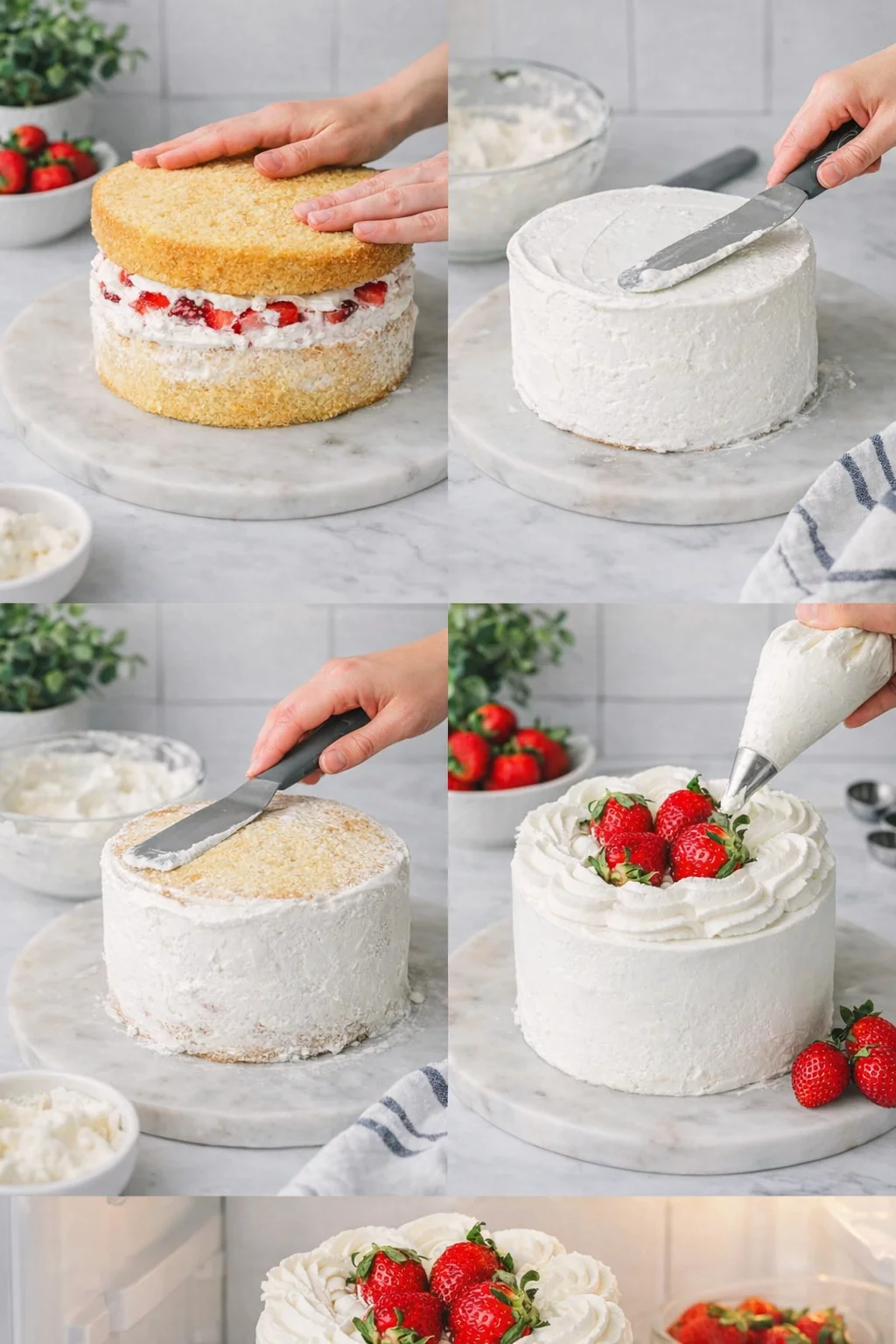 Collage of steps to decorate a white-frosted strawberry cake, including layering, frosting, piping, and topping with strawberries.
