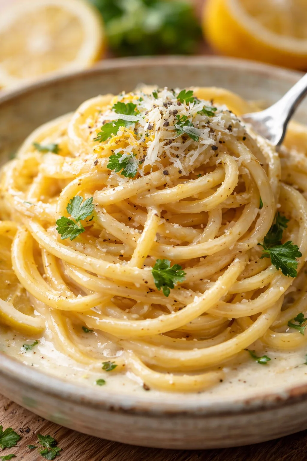 Creamy alfredo spaghetti twirled on a fork, topped with parmesan, parsley, and black pepper.