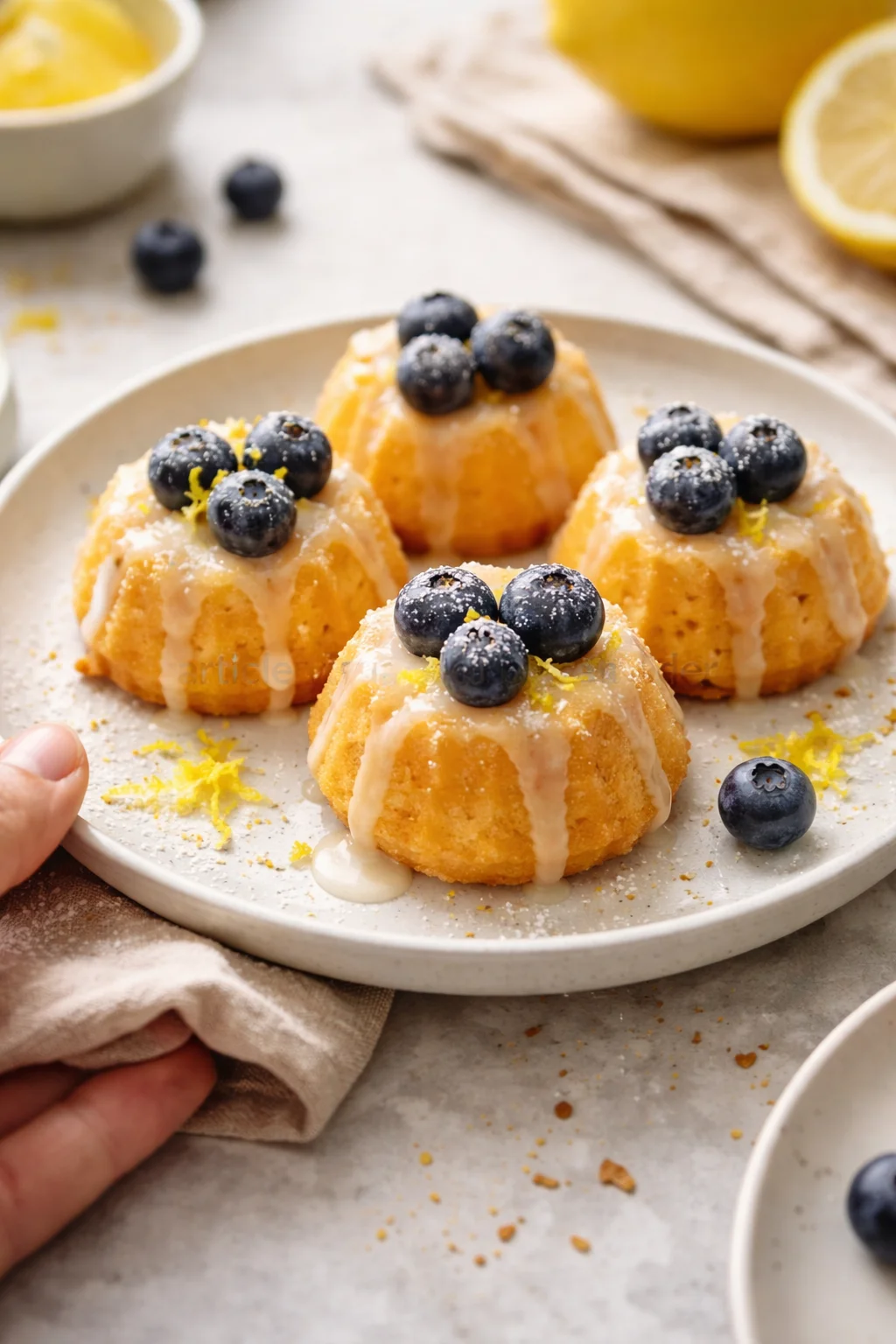 Mini lemon bundt cakes topped with blueberries and white glaze on a plate.