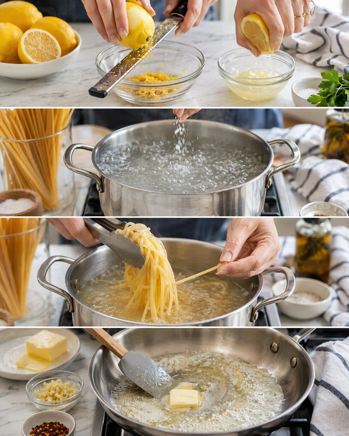 collage of hands zesting lemons, boiling pasta, and finishing with lemon-butter sauce in a pan