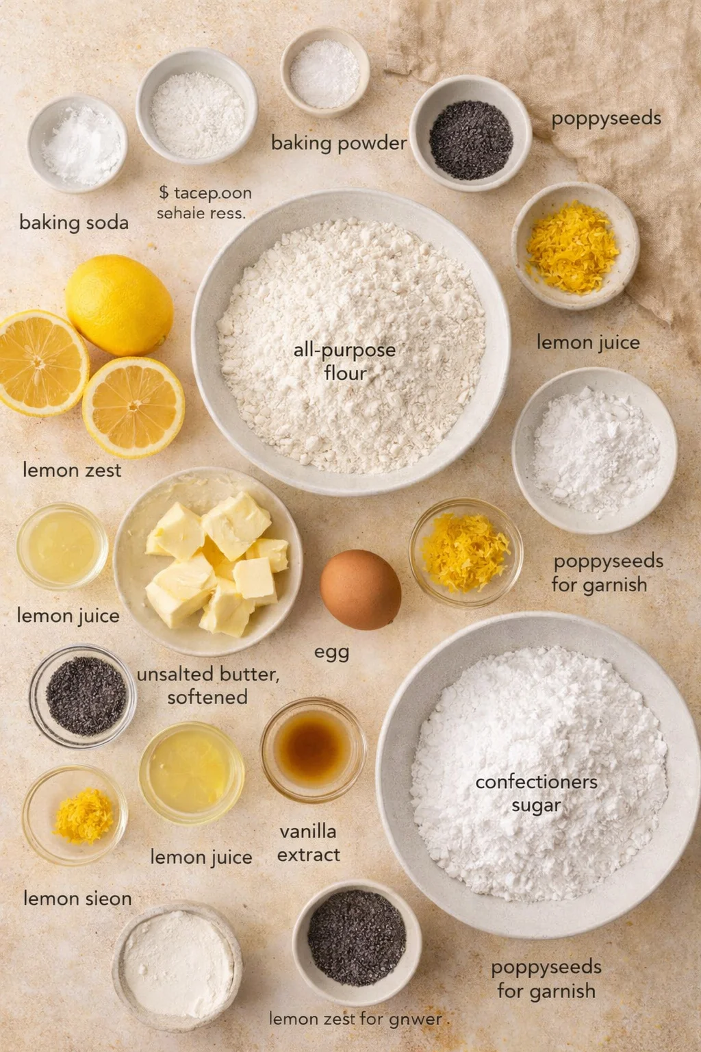 top-down layout of baking ingredients around a central flour bowl, lemon halves, butter, eggs