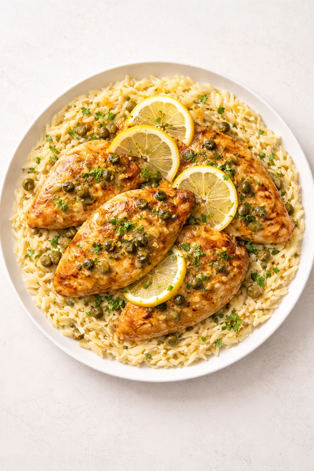 plated lemon-chicken over orzo with capers, parsley, and lemon slices