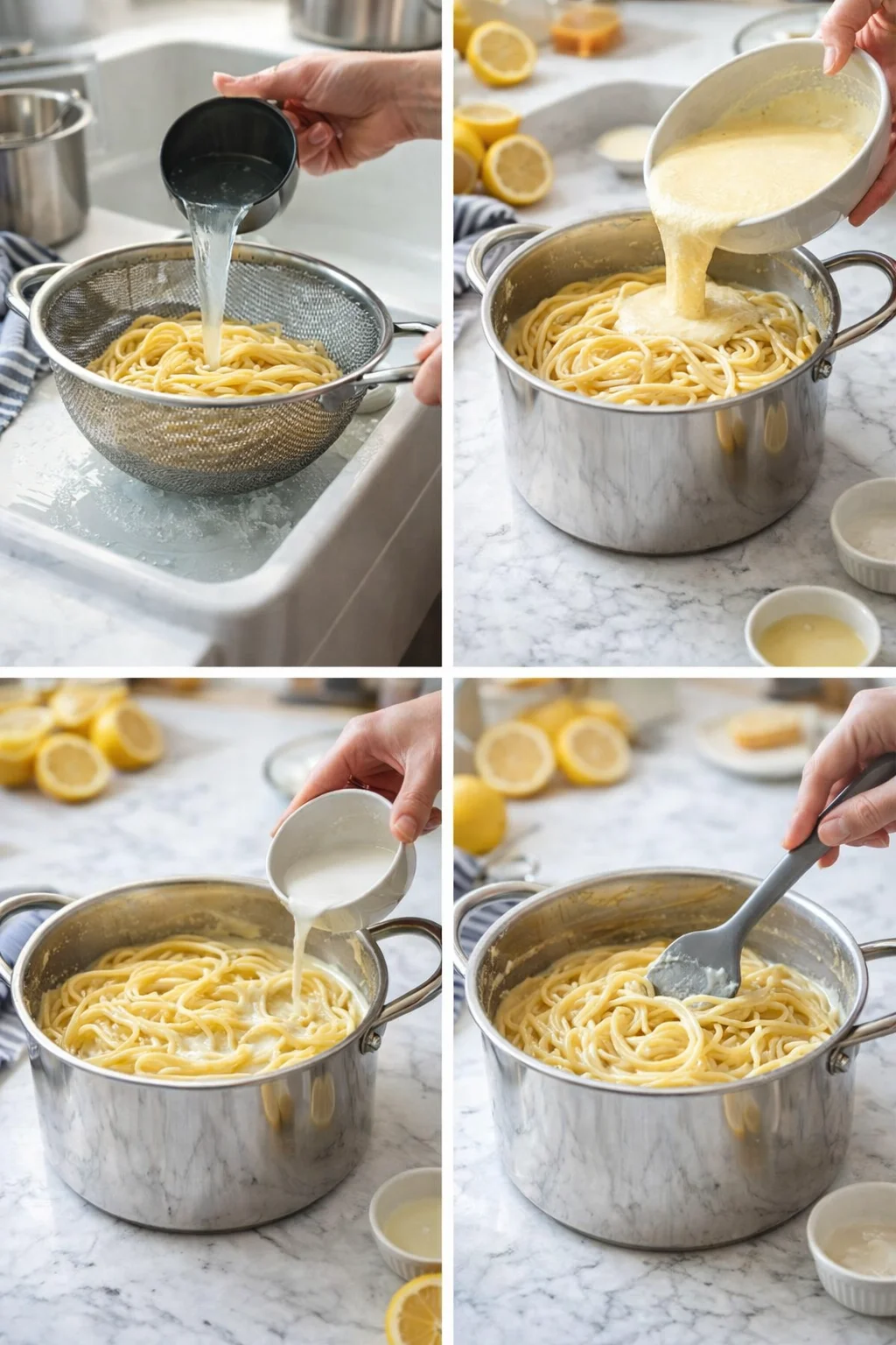 Four-panel collage of lemon pasta being rinsed, sauced, and stirred in a marble kitchen.