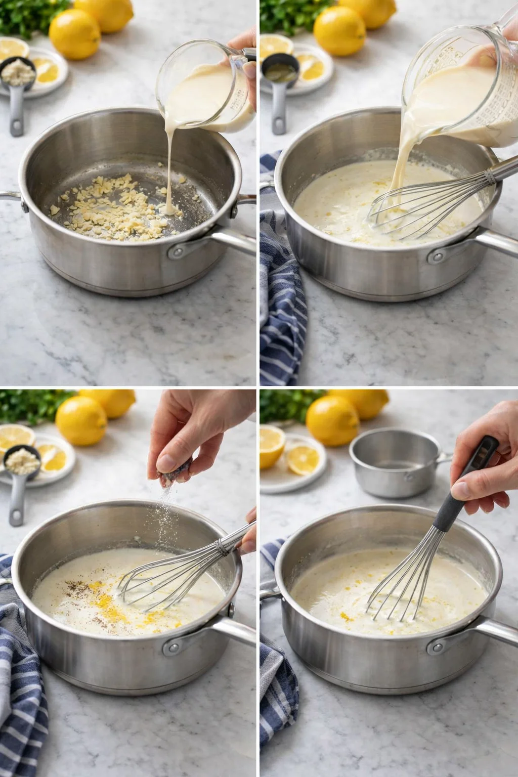Collage showing a saucepan on a marble counter: butter melting, cream poured, whisking, and seasoning sauce for lemon cream