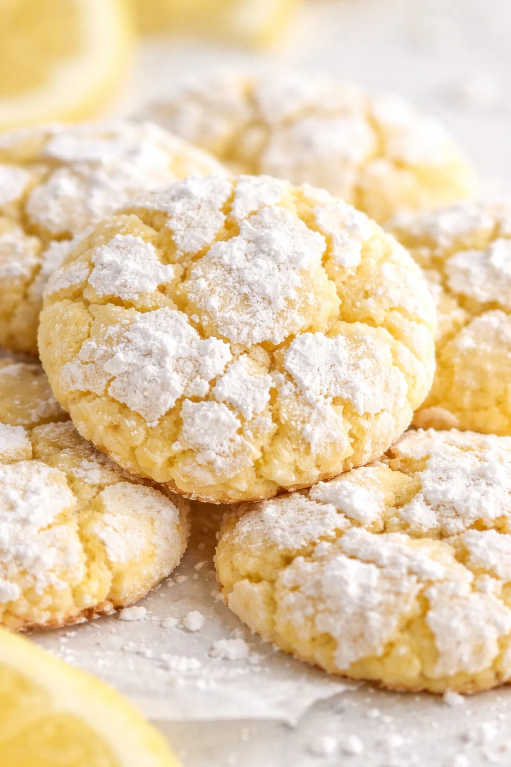 Close-up of lemon crinkle cookies dusted with powdered sugar on parchment