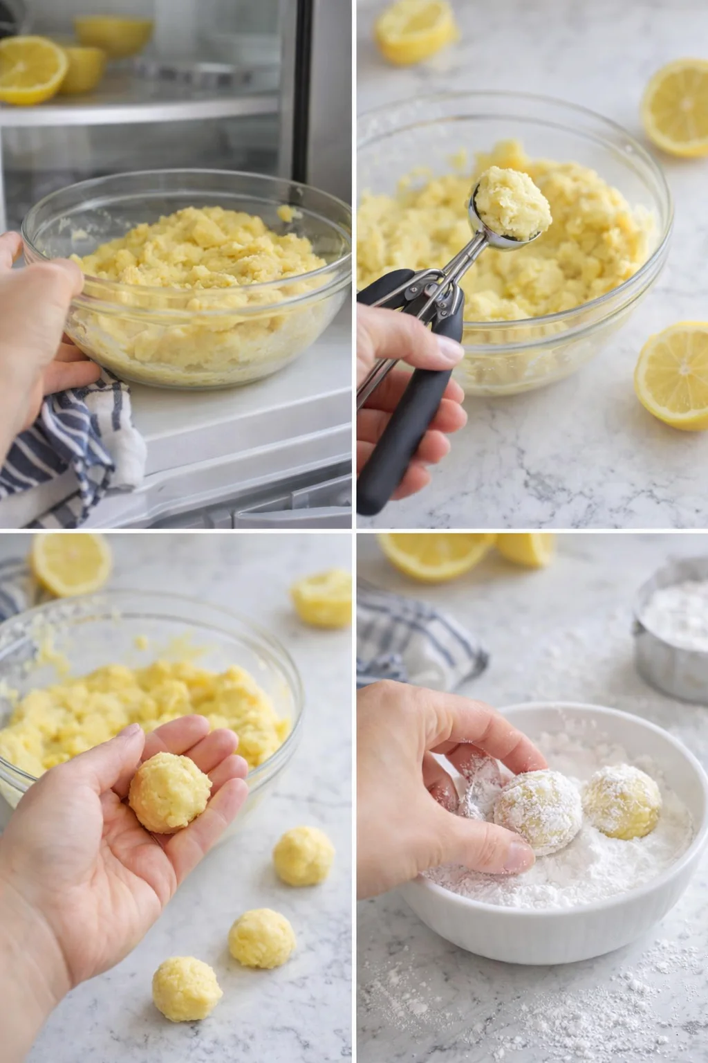 Collage showing lemon-dough balls formed and rolled in powdered sugar, with lemons on marble countertop.