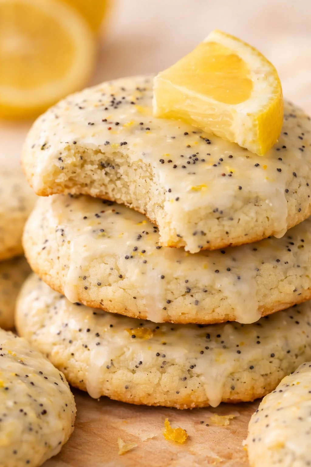 Stacked lemon-glazed poppy seed cookies with a lemon wedge on top.
