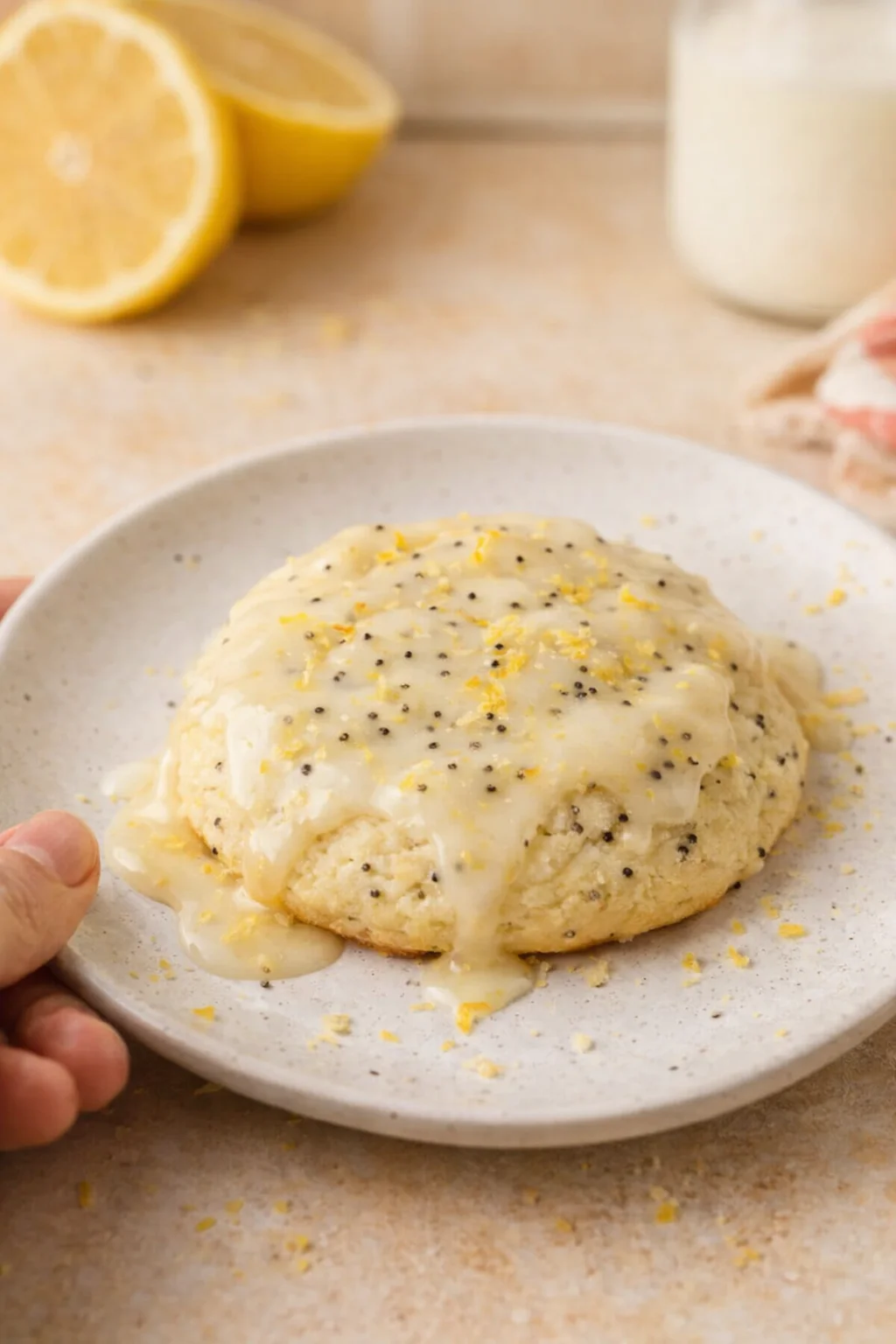 Lemon-glazed scone on a speckled plate, topped with lemon zest and glaze.