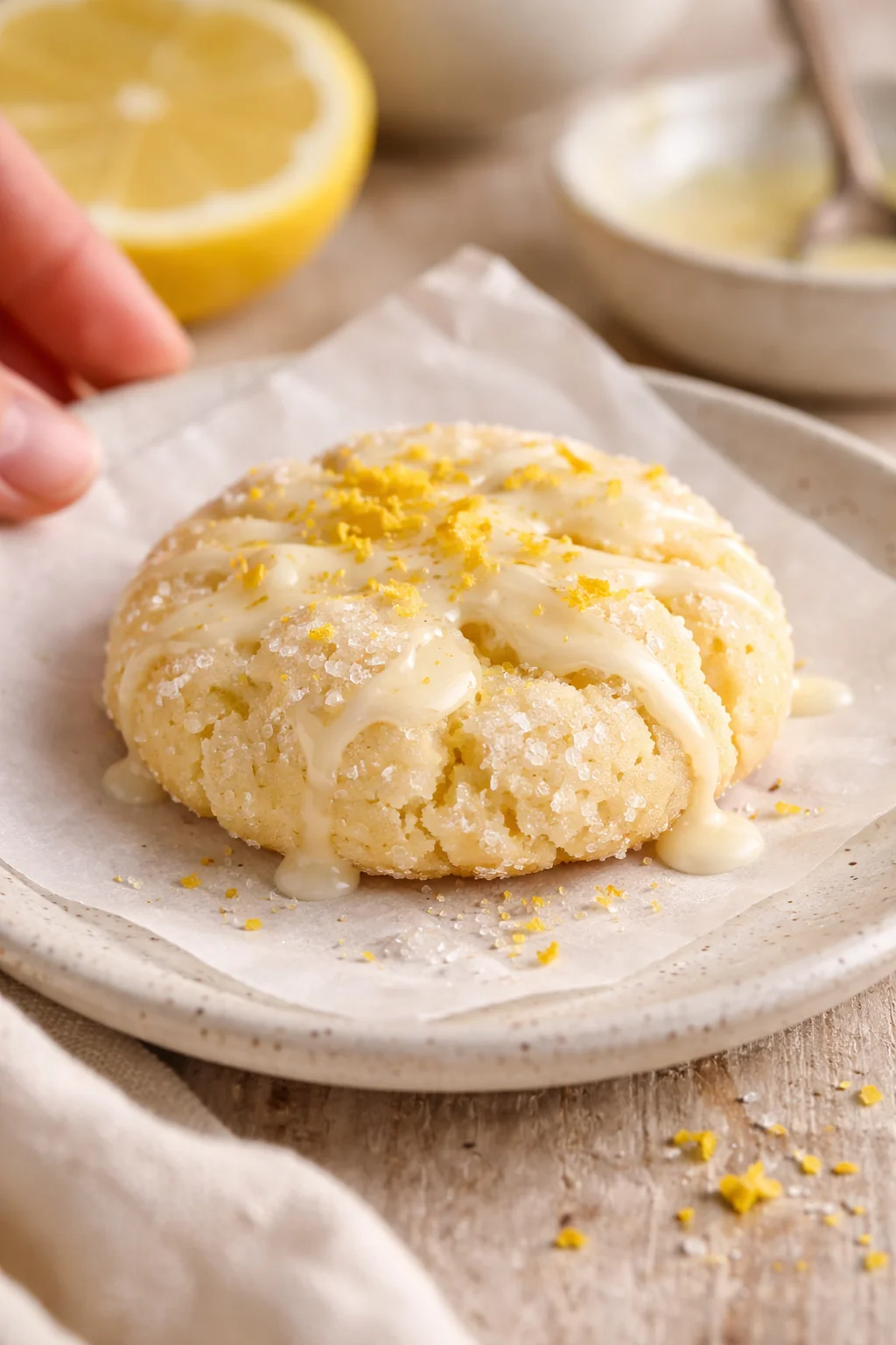 round lemon cookie with white glaze and zest on parchment plate