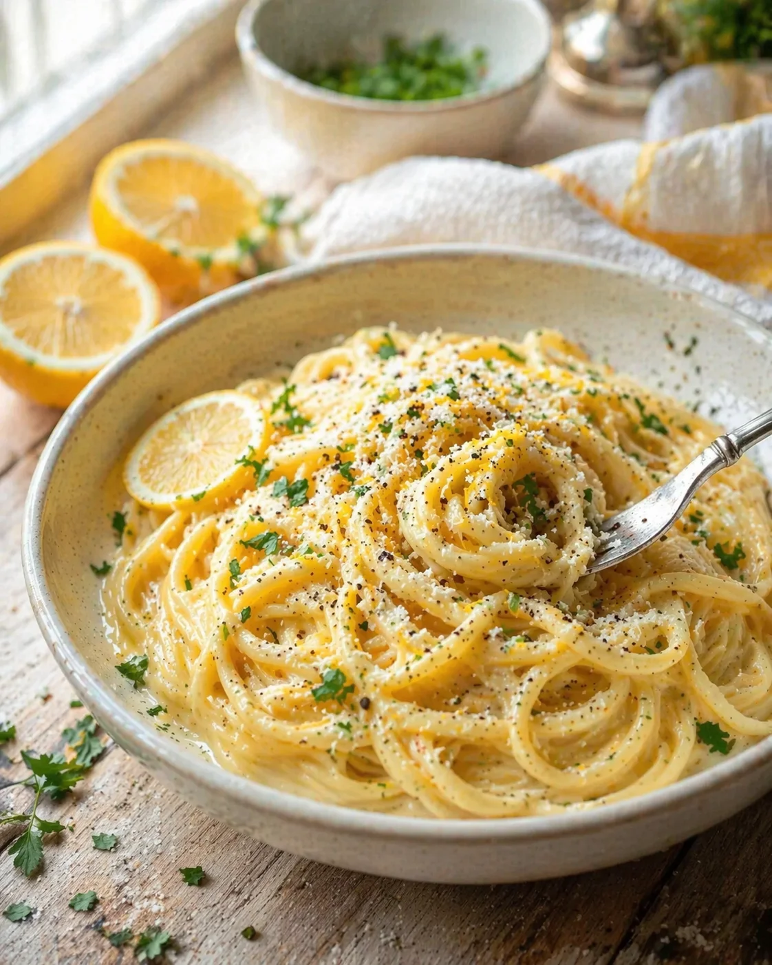 bowl of creamy lemon-parmesan spaghetti garnished with parsley on a rustic wooden table