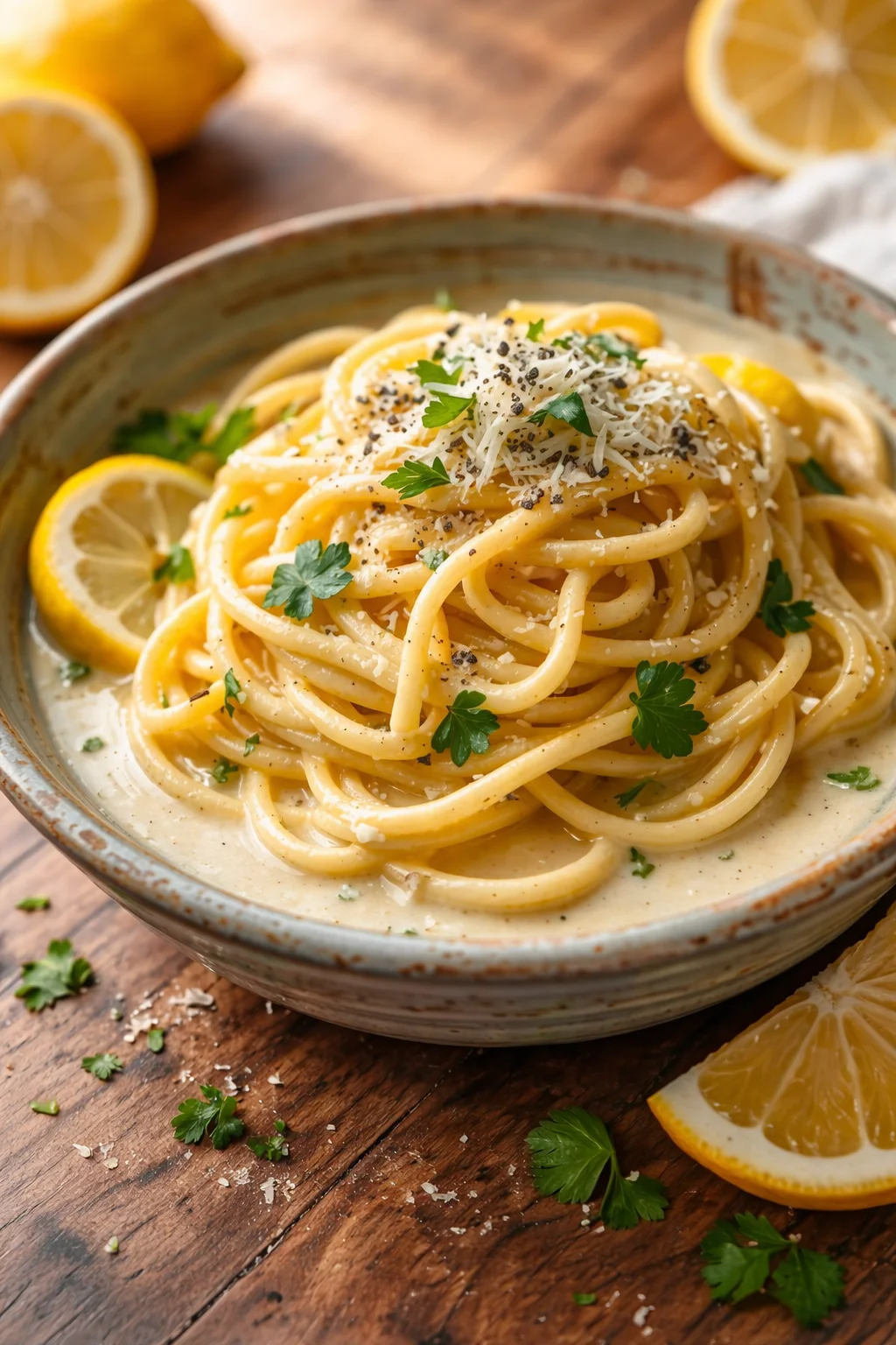 Creamy lemon-parmesan spaghetti in a rustic bowl, topped with cheese and parsley.