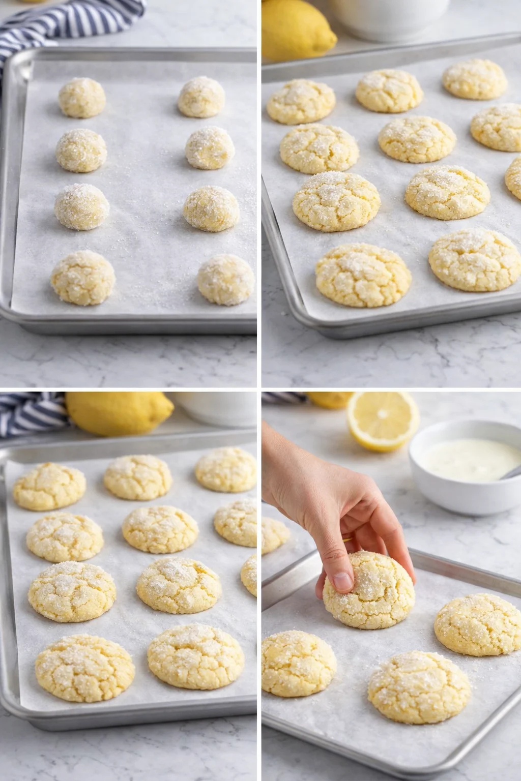 Tray of pale lemon shortbread cookies on parchment, with a hand shaping one.