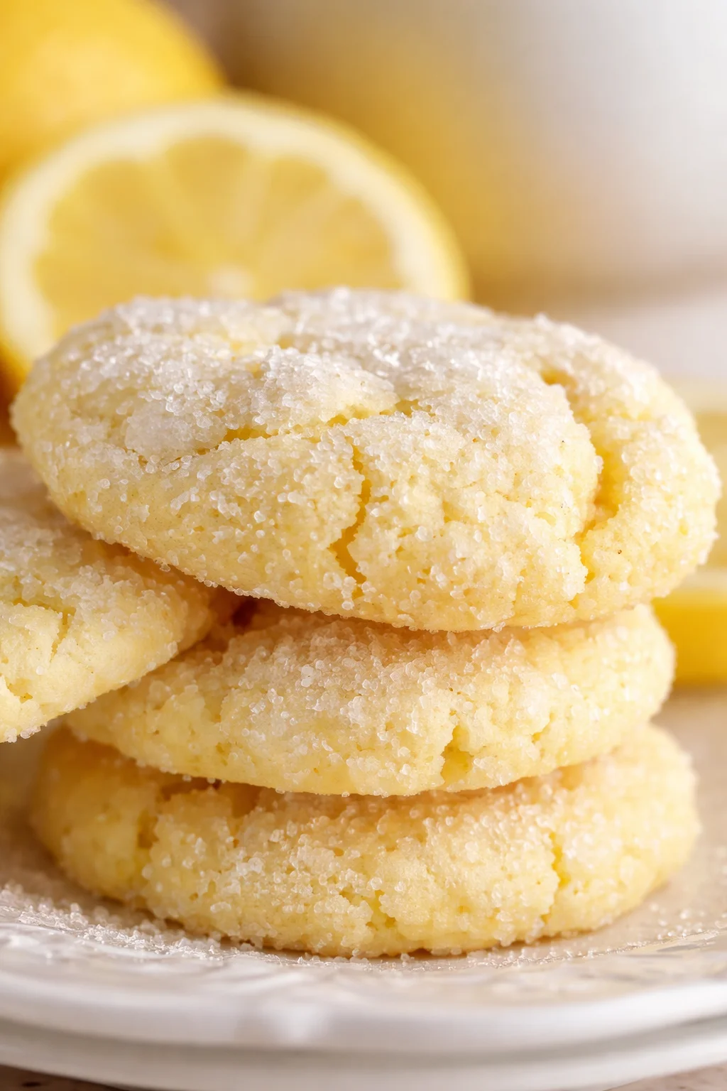 Stack of sugar-dusted lemon cookies on a plate with blurred lemon halves in the background