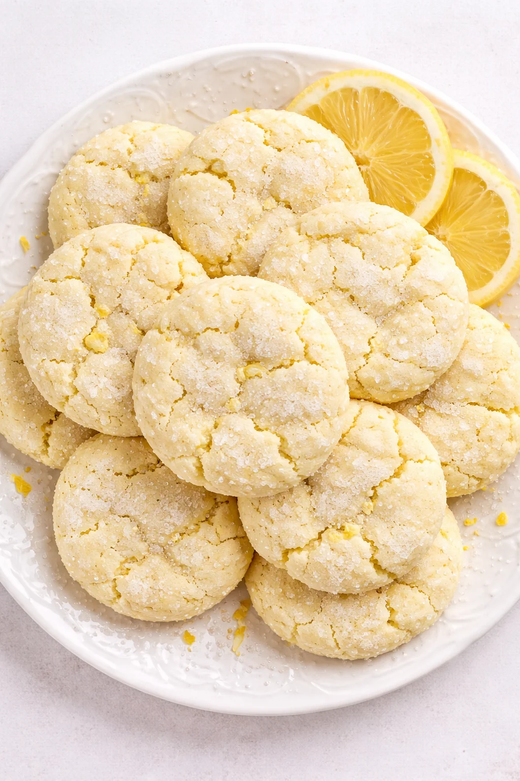 pile of lemon sugar cookies on a white plate with lemon wedges