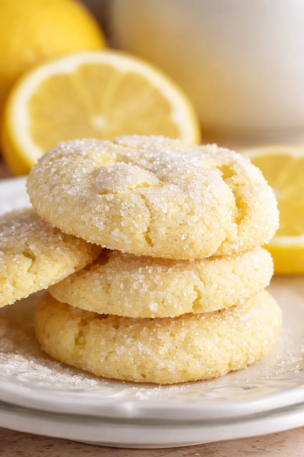 stacked lemon shortbread cookies dusted with sugar on a white plate with lemon halves in background