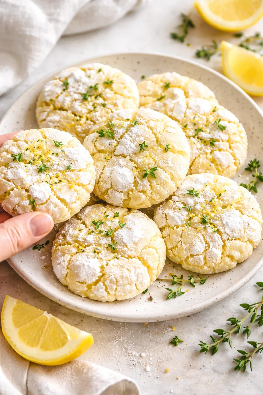 Plate of lemon-thyme crinkle cookies dusted with powdered sugar on a speckled plate.