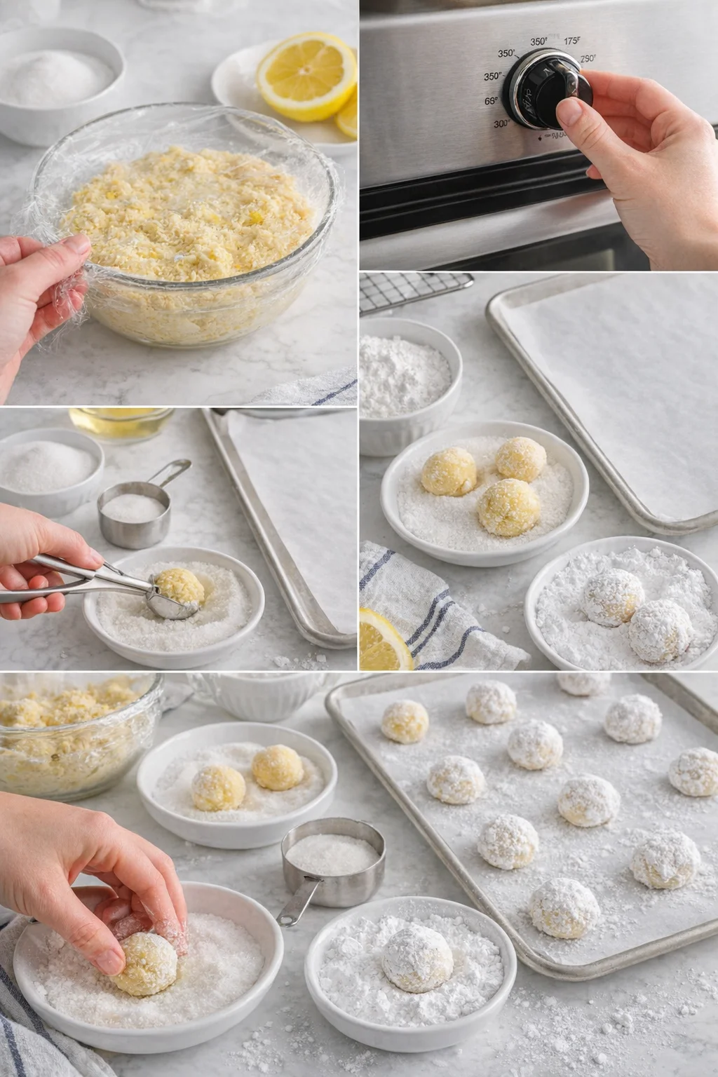 Collage showing lemon snowball dough being mixed, shaped, rolled in sugar, and placed on a baking sheet.