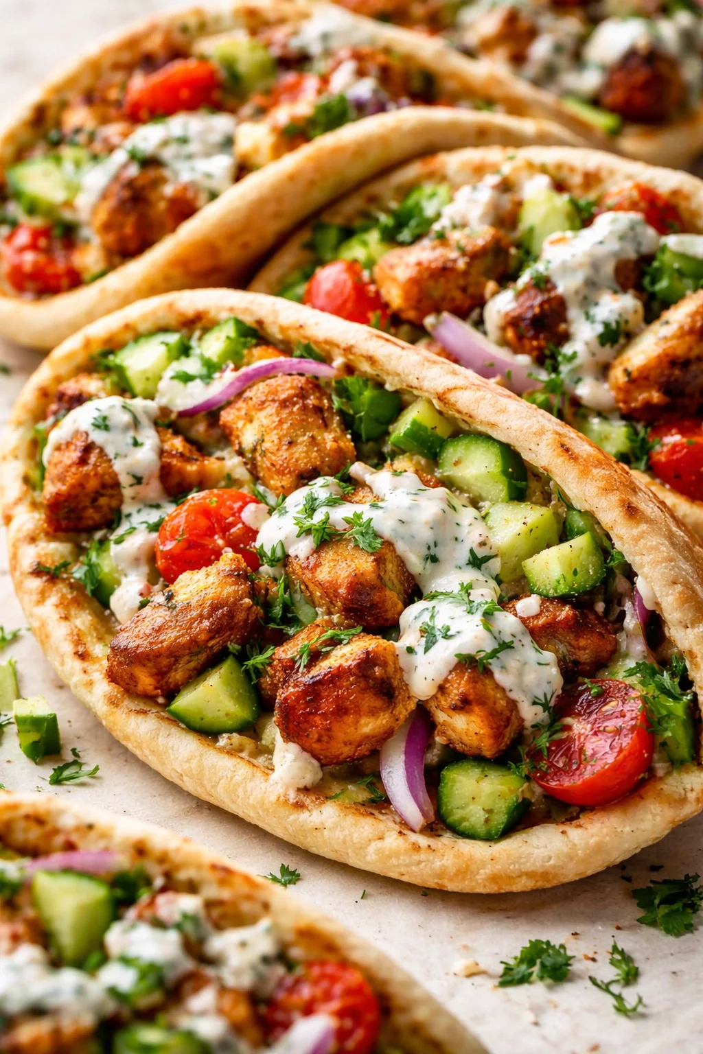 Close-up of loaded mini flatbread pizzas with crispy chicken, cucumbers, tomatoes, red onion, and herb yogurt drizzle.
