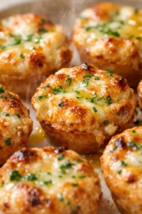 Close-up of golden-brown cheese-topped mini bites, steam rising, garnished with parsley on a baking sheet.
