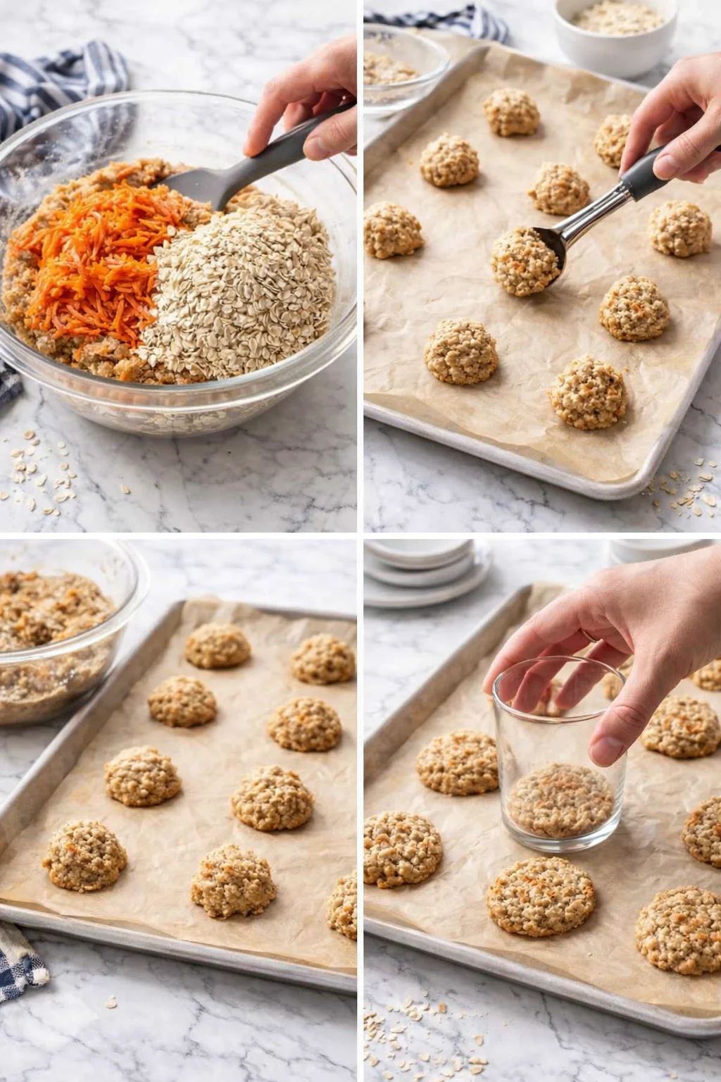collage showing carrot-oat energy bites being formed on parchment-lined baking sheet