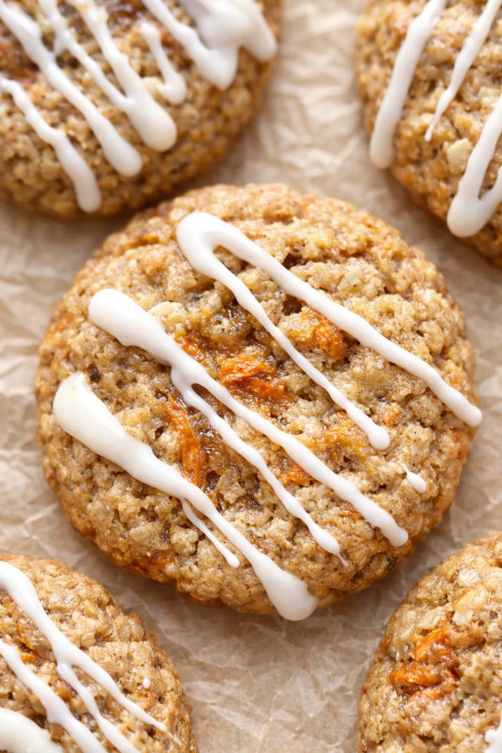 close-up of golden-brown oatmeal cookies with white icing drizzle on parchment