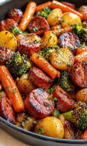 glossy roasted carrots, potatoes, broccoli, and sausage in a sizzling cast-iron pan