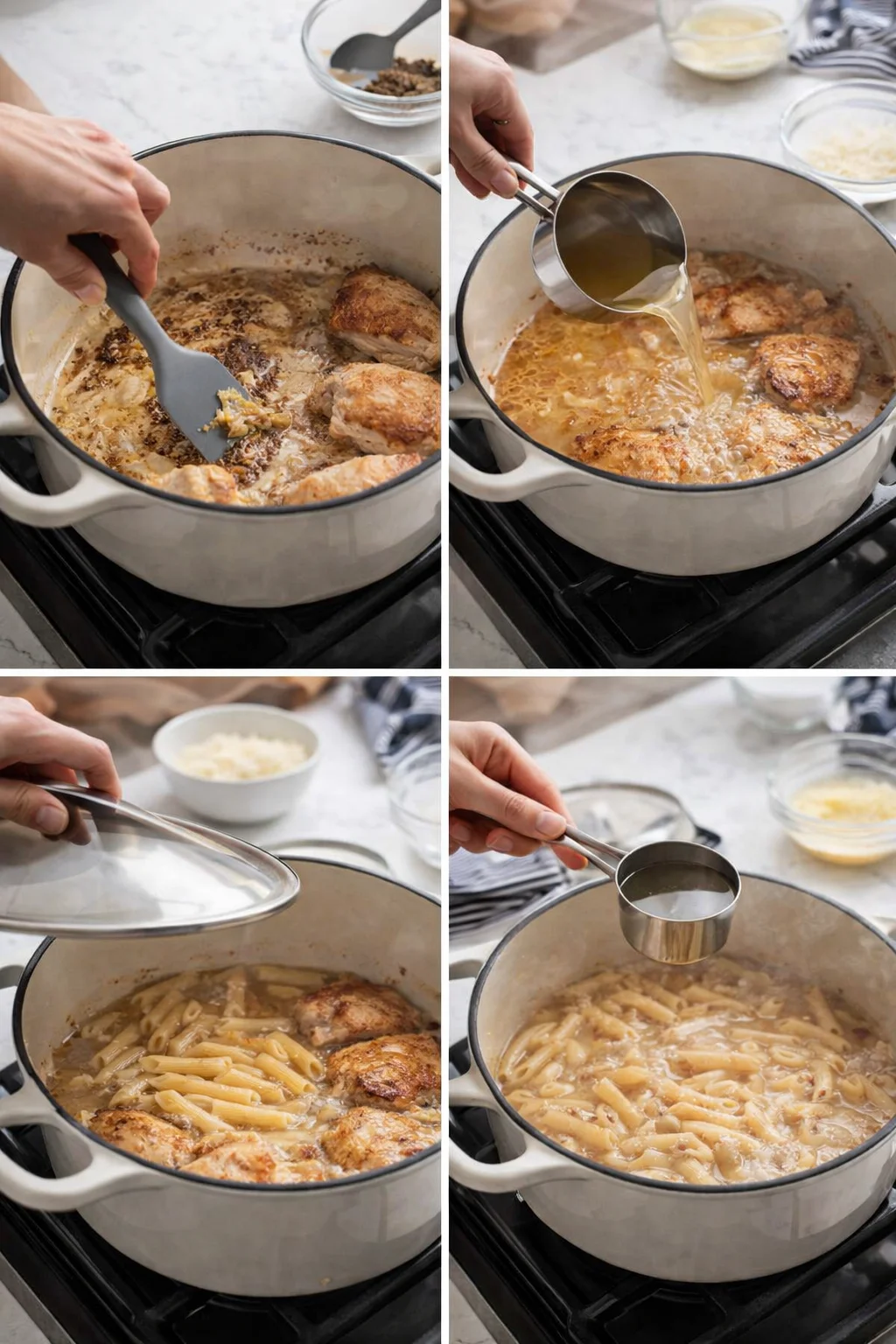 Four-panel collage showing chicken, broth, pasta, and sauce in a pot on a stove.